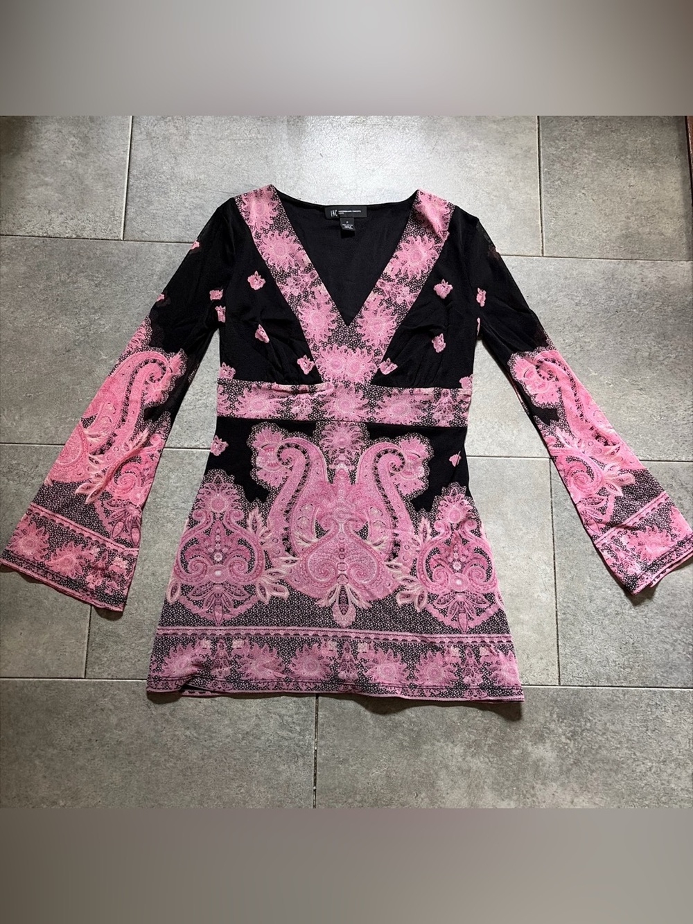 INC International Concepts Black and Pink Paisley V-Neck Long Sleeve Dress
